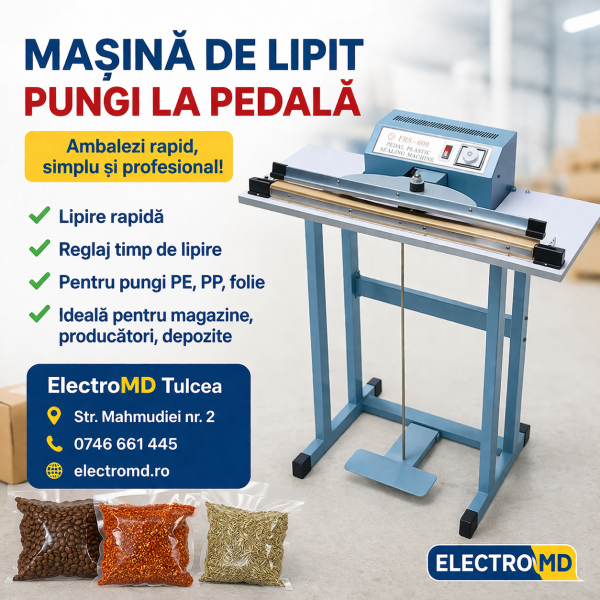 Mașină de lipit saci peleți 600 mm cu pedală, aparat sigilat pungi 220V, timer reglabil