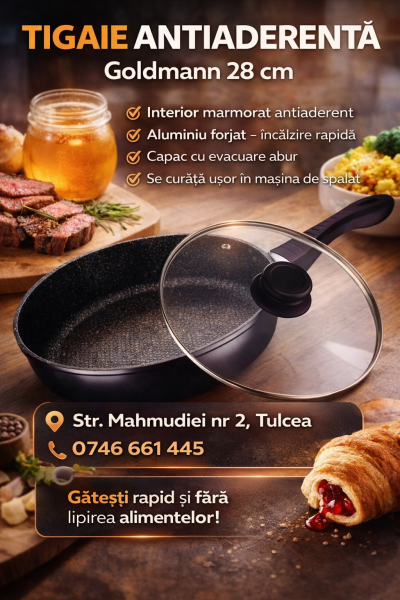 Tigaie antiaderentă cu capac Goldmann GM-1000-28, 28 cm – interior marmorat