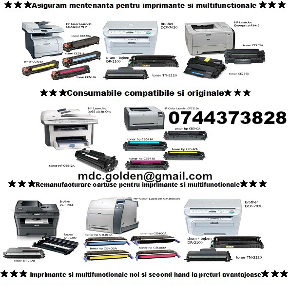 Reumpleri cartuse toner imprimante  0744373828, multifunctionale, copiatoare si faxuri.