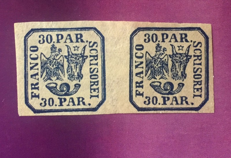 Doua timbre pereche: 30 parale, albastru, 1864